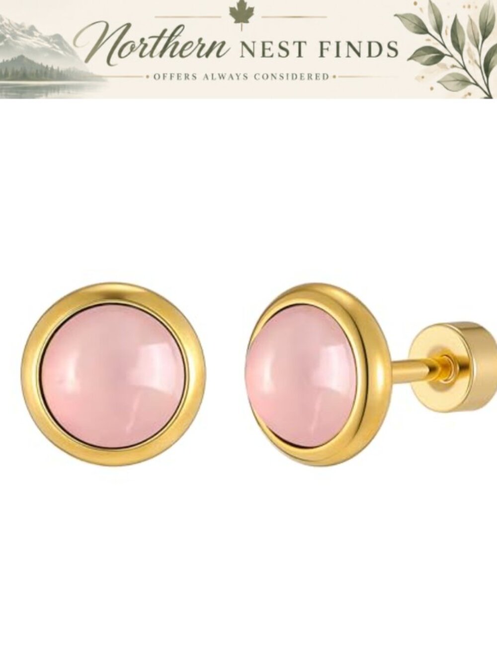 18K Gold Plated Stainless Steel Rose Quartz Flat Back Stud Earrings